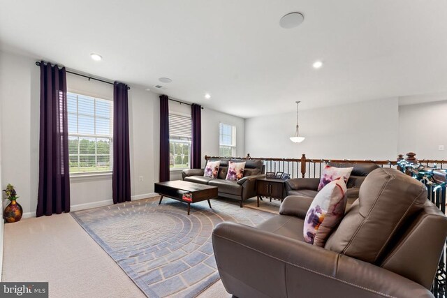 12804 Monterey Ct, Fredericksburg, VA 22407 - living area featuring light carpet, recessed lighting, and baseboards