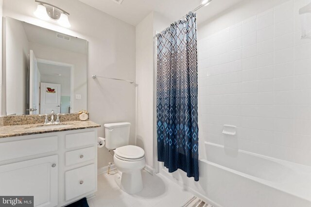 12804 Monterey Ct, Fredericksburg, VA 22407 - bathroom with toilet, vanity, shower / bathtub combination with curtain, tile patterned floors, and baseboards