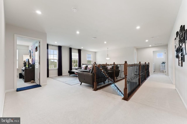 12804 Monterey Ct, Fredericksburg, VA 22407 - hallway with an upstairs landing, light carpet, recessed lighting, and baseboards