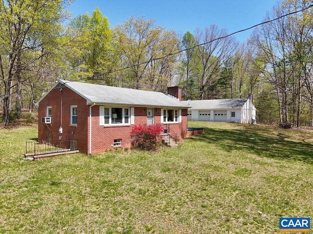 6928 Blackwells Hollow Rd, Crozet, VA 22932 - ranch-style home featuring brick siding, a front yard, a detached garage, a chimney, and cooling unit