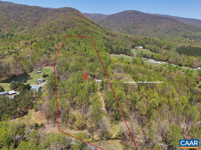 6928 Blackwells Hollow Rd, Crozet, VA 22932 - aerial view of property and surrounding area featuring a forest, property parcel outlined, and a mountainous background