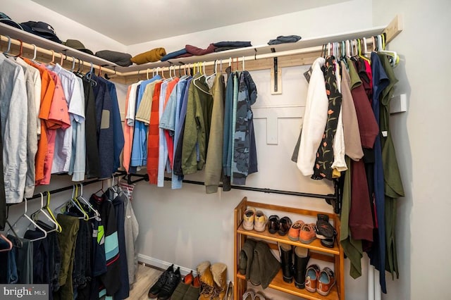 walk in closet with wood finished floors