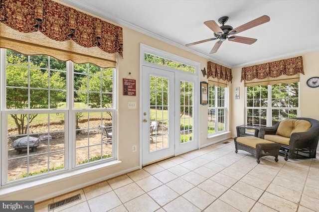 11110 Park Ridge Rd, Fredericksburg, VA 22408 - sunroom with tile patterned floors, a wealth of natural light, visible vents, and crown molding