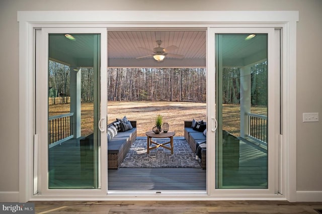 92 Mill Run, Bumpass, VA 23024 - doorway to outside featuring wood finished floors, baseboards, and ceiling fan