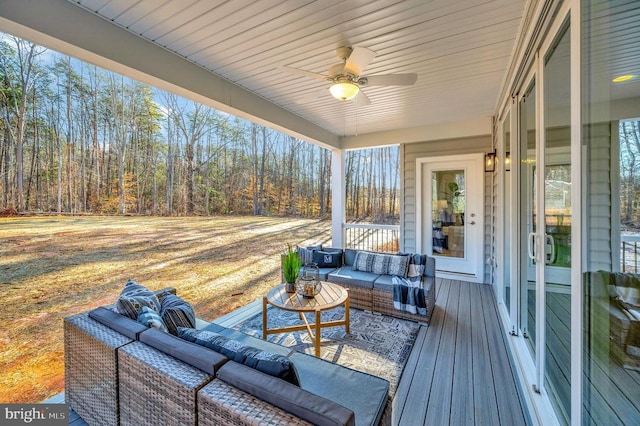 92 Mill Run, Bumpass, VA 23024 - wooden deck featuring a wooded view, a ceiling fan, and an outdoor living space