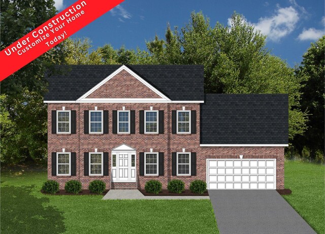 view of front facade with a front lawn, driveway, a garage, brick siding, and a shingled roof