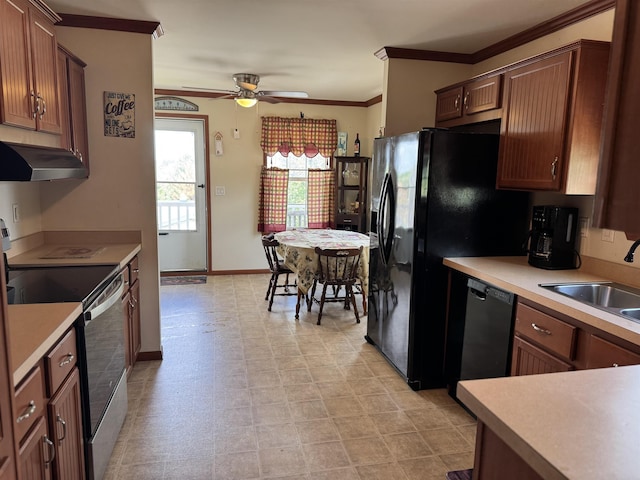kitchen with electric range oven, dishwasher, a sink, under cabinet range hood, and ornamental molding