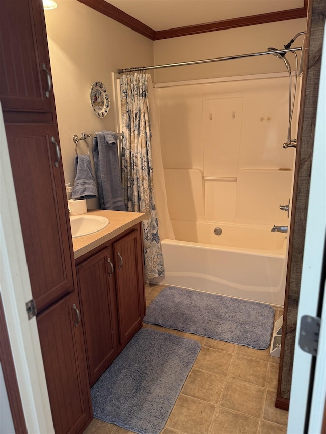 bathroom with crown molding, shower / tub combo, and vanity