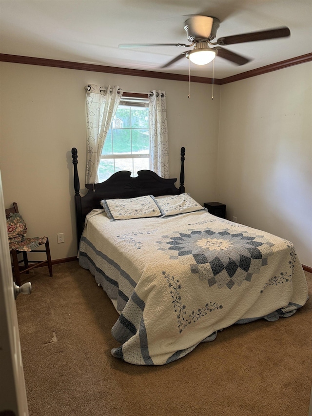 carpeted bedroom with ornamental molding, ceiling fan, and baseboards
