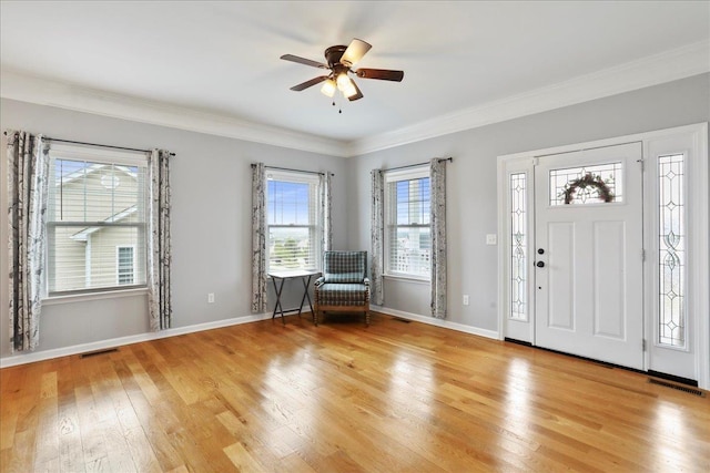 115 Beauregard Dr, Staunton, VA 24401 - entryway with light wood-style flooring, a ceiling fan, ornamental molding, and baseboards