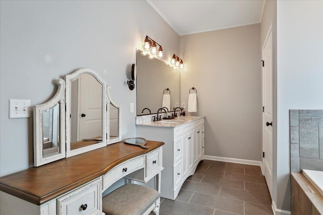 115 Beauregard Dr, Staunton, VA 24401 - bathroom with vanity, tile patterned floors, tiled tub, crown molding, and baseboards
