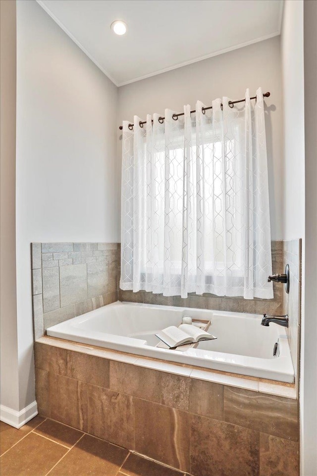 115 Beauregard Dr, Staunton, VA 24401 - bathroom featuring crown molding, tile patterned flooring, a garden tub, and recessed lighting
