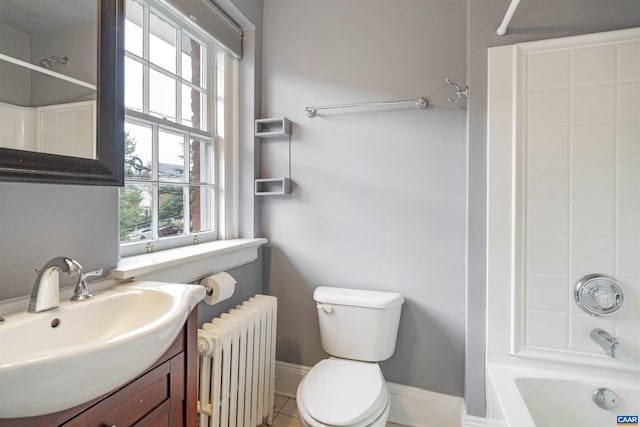 full bath with toilet, shower / bath combination, baseboards, vanity, and radiator heating unit