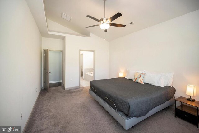 106 Wakefield Dr, Locust Grove, VA 22508 - carpeted bedroom with lofted ceiling, baseboards, ensuite bathroom, and ceiling fan