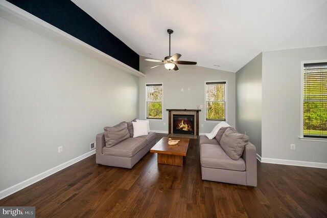 106 Wakefield Dr, Locust Grove, VA 22508 - living area featuring wood finished floors, ceiling fan, a premium fireplace, lofted ceiling, and baseboards