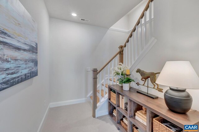 240 Thicket Run Dr, Charlottesville, VA 22911 - staircase with recessed lighting, visible vents, baseboards, and carpet floors