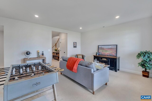 240 Thicket Run Dr, Charlottesville, VA 22911 - living room with stairs, carpet flooring, and recessed lighting