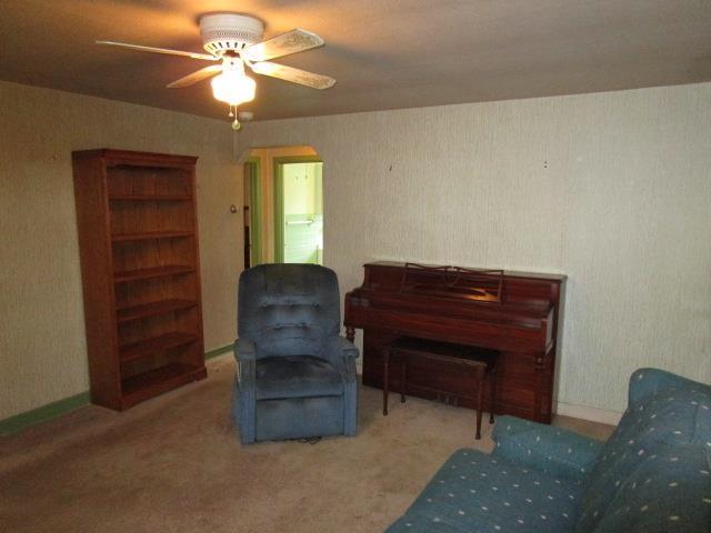 106 Grubert Ave, Staunton, VA 24401 - living area with a ceiling fan, carpet, arched walkways, and baseboards