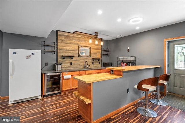 7922 Madison Plantation Way, Fredericksburg, VA 22407 - indoor bar with freestanding refrigerator, wine cooler, dark wood finished floors, and recessed lighting