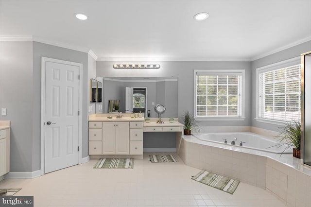 7922 Madison Plantation Way, Fredericksburg, VA 22407 - full bathroom with vanity, a garden tub, crown molding, tile patterned flooring, and recessed lighting