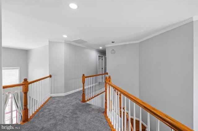 7922 Madison Plantation Way, Fredericksburg, VA 22407 - corridor with an upstairs landing, crown molding, recessed lighting, and carpet flooring