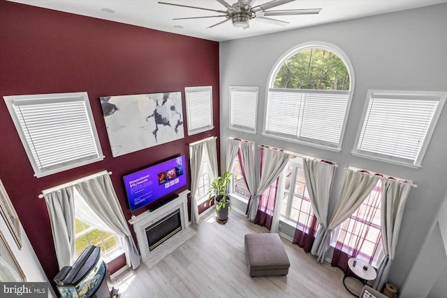 7922 Madison Plantation Way, Fredericksburg, VA 22407 - living area with a ceiling fan, a fireplace with flush hearth, wood finished floors, and a high ceiling