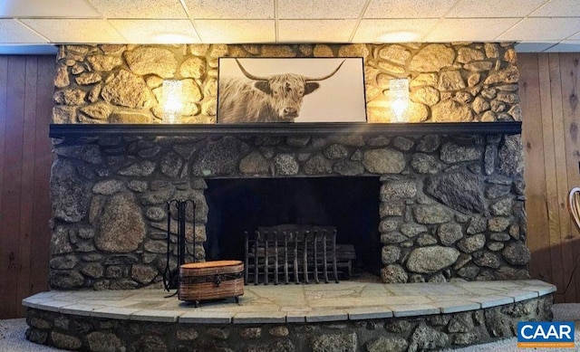 247 Llama Ln, Lowesville, VA 22967 - detailed view of a stone fireplace, a drop ceiling, and wooden walls