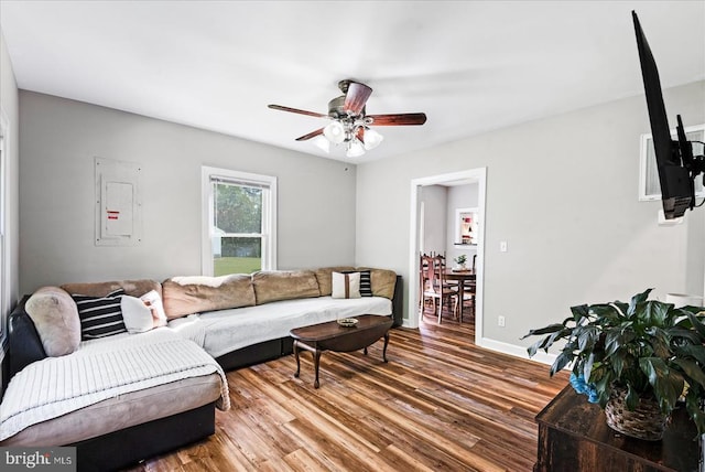 3048 Oakland Rd, Louisa, VA 23093 - living area featuring wood finished floors, electric panel, a ceiling fan, and baseboards