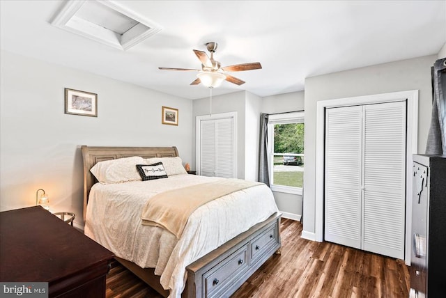 3048 Oakland Rd, Louisa, VA 23093 - bedroom with attic access, dark wood finished floors, a ceiling fan, and baseboards