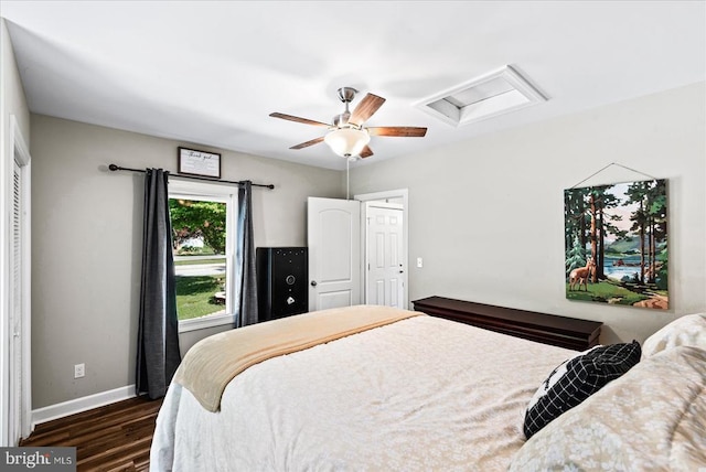 3048 Oakland Rd, Louisa, VA 23093 - bedroom featuring attic access, dark wood finished floors, baseboards, and ceiling fan