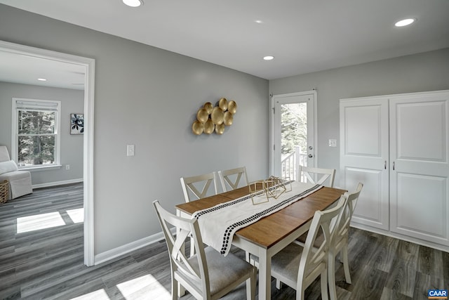 dining room featuring dark wood-type flooring, recessed lighting, and baseboards