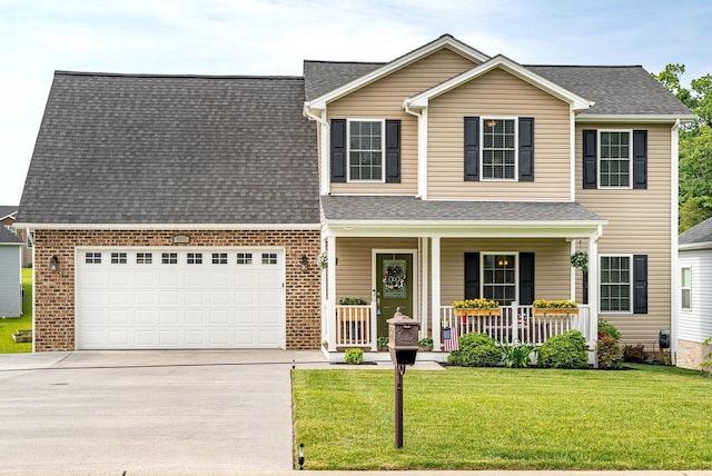 4517 Wiltshire St, Rockingham, VA 22802 - traditional-style house with a porch, concrete driveway, a front lawn, a shingled roof, and brick siding