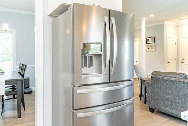 4517 Wiltshire St, Rockingham, VA 22802 - kitchen featuring stainless steel fridge, crown molding, light wood-style flooring, white cabinets, and recessed lighting