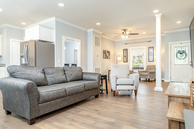 4517 Wiltshire St, Rockingham, VA 22802 - living area featuring ornate columns, light wood-style floors, a ceiling fan, crown molding, and recessed lighting