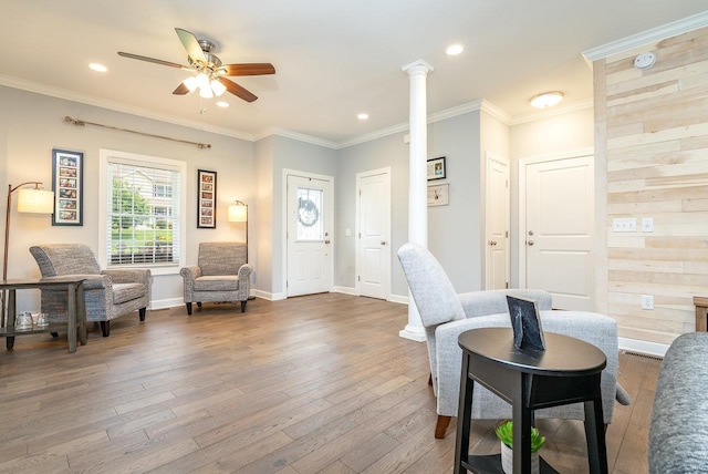 4517 Wiltshire St, Rockingham, VA 22802 - living room with a ceiling fan, dark wood-style floors, recessed lighting, baseboards, and crown molding