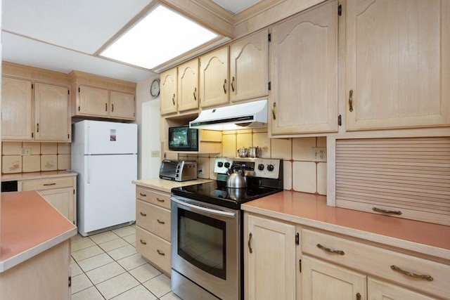 121 Central St S, Broadway, VA 22815 - kitchen featuring stainless steel range with electric cooktop, freestanding refrigerator, extractor fan, light brown cabinets, and black microwave