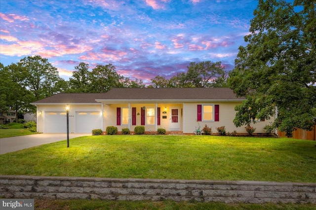 500 Maple Grove Dr, Fredericksburg, VA 22407 - single story home featuring concrete driveway, a garage, a front lawn, and covered porch