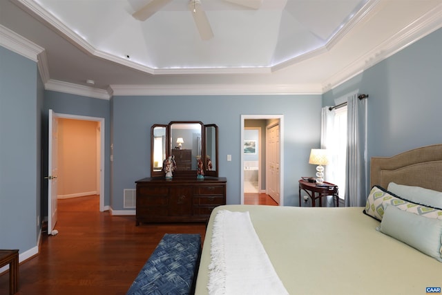 515 Broadleaf Way, Charlottesville, VA 22911 - bedroom featuring a raised ceiling, wood finished floors, ornamental molding, ensuite bathroom, and ceiling fan
