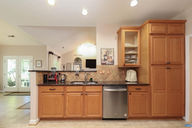 515 Broadleaf Way, Charlottesville, VA 22911 - kitchen with stainless steel dishwasher, dark stone countertops, tasteful backsplash, glass insert cabinets, and recessed lighting