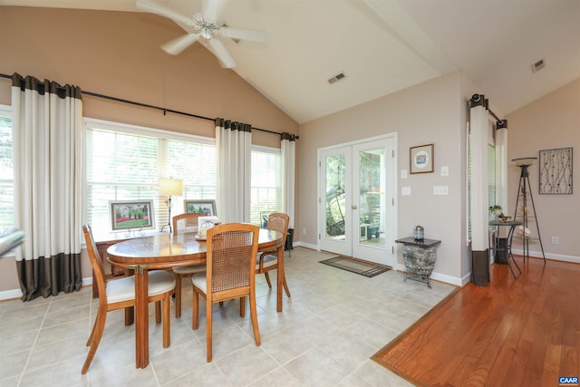 515 Broadleaf Way, Charlottesville, VA 22911 - dining space with a ceiling fan, french doors, high vaulted ceiling, and light tile patterned flooring