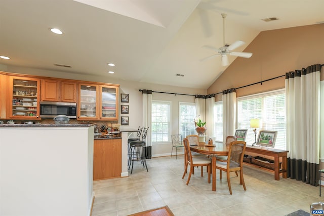 515 Broadleaf Way, Charlottesville, VA 22911 - dining room featuring vaulted ceiling, plenty of natural light, recessed lighting, light tile patterned flooring, and a ceiling fan