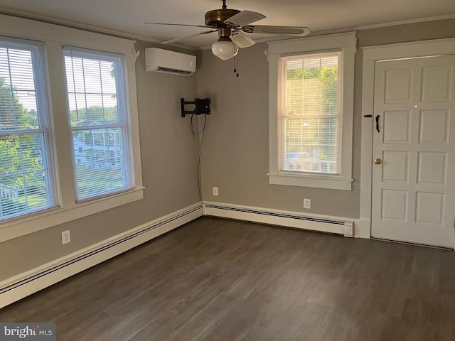 1005 Terrace St, Culpeper, VA 22701 - empty room with a wall mounted air conditioner, a ceiling fan, a baseboard radiator, ornamental molding, and healthy amount of natural light