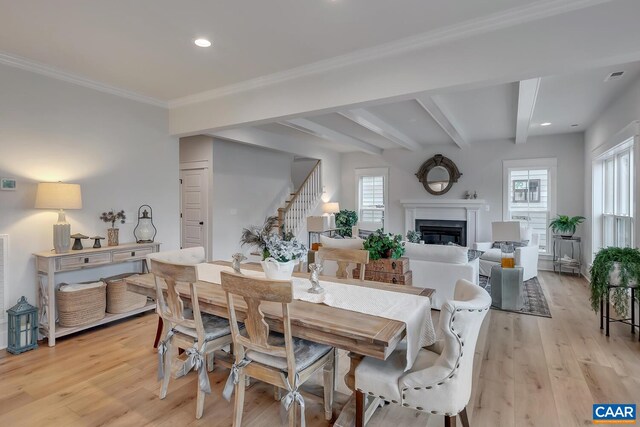 33 Fowler St Unit C, Charlottesville, VA 22911 - dining area featuring stairs, beamed ceiling, a healthy amount of sunlight, and light wood finished floors