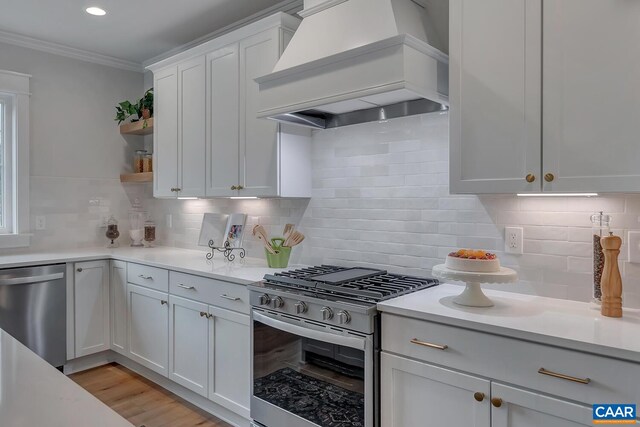 33 Fowler St Unit C, Charlottesville, VA 22911 - kitchen with stainless steel appliances, ornamental molding, decorative backsplash, light countertops, and custom range hood