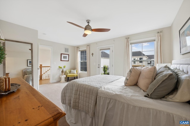 6211 Raynor Pl, Crozet, VA 22932 - bedroom with access to exterior, light carpet, ceiling fan, and baseboards