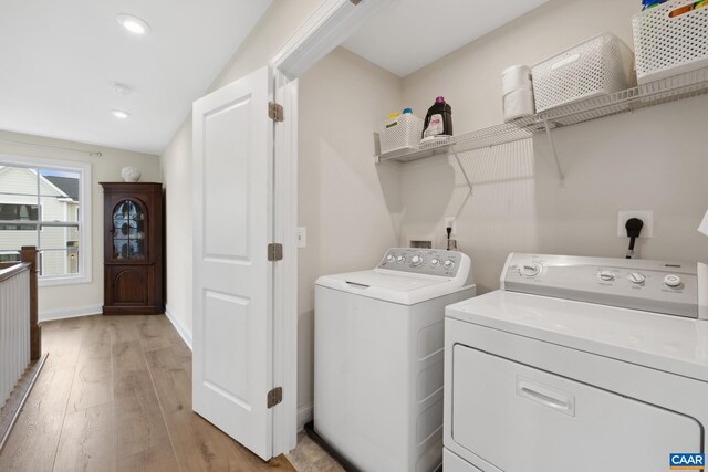 6211 Raynor Pl, Crozet, VA 22932 - laundry area featuring washer and clothes dryer, light wood-style flooring, baseboards, and recessed lighting
