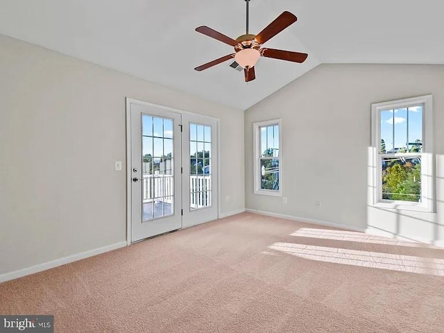 2486 Winthrop Dr, Charlottesville, VA 22911 - empty room featuring a ceiling fan, light colored carpet, lofted ceiling, and baseboards