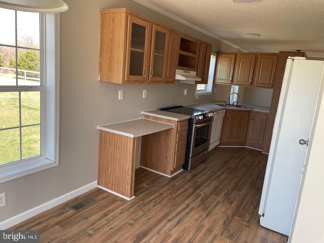18393 Gaskins Ln, Jeffersonton, VA 22724 - kitchen featuring a sink, baseboards, white appliances, under cabinet range hood, and light countertops
