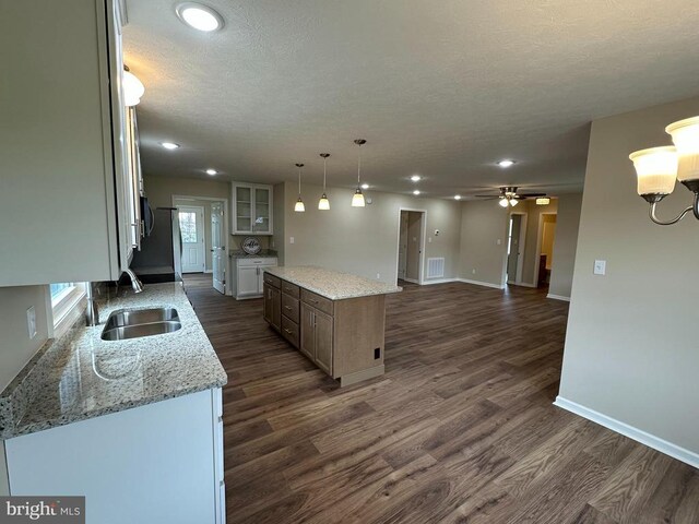 218 Honeyville Rd, Stanley, VA 22851 - kitchen featuring a sink, dark wood-style flooring, baseboards, glass insert cabinets, and a kitchen island