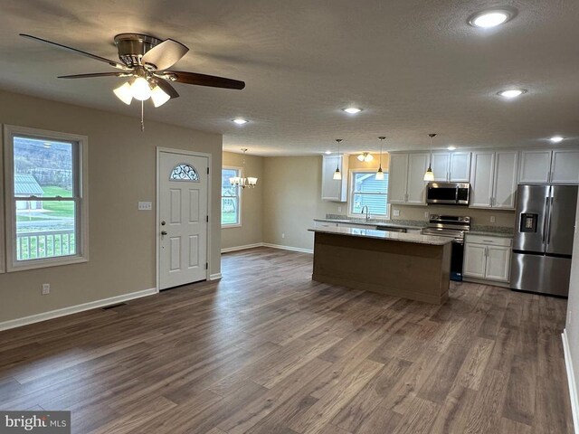 218 Honeyville Rd, Stanley, VA 22851 - kitchen with stainless steel appliances, a kitchen island, dark wood-type flooring, plenty of natural light, and recessed lighting